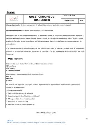 94
Aïda SFAR
MPMP – Démarche qualité à la formation intégrale au sein de l’UVT selon la norme ISO 9001.
ANNEXES
QUESTIONNAIRE DU
DIAGNOSTIC
DATE:15-09-2015
REF:SM-QU-01 IR:00
Champs d'application :Système Management de la Qualité d'une licence qualité(formation intégrale)
Documents de référence: La Norme Internationale ISO 9001 version 2008 .
Le diagnostic, est un outil qui permet de repérer, au regard de la norme, les dispositions et les potentiels de l'organisme à
satisfaire sa démarche qualité. Il peut aider par la suite à estimer les charges réparties du ou des plans d'actions à mettre
en place. Enfin répété dans le temps, il peut se révéler un indicateur d'avancement efficace dans le positionnement des
actions à venir.
A ce stade de la démarche, il convient de porter une attention particulière au chapitre 5 qui est le reflet de l'engagement
construit et formalisé de la Direction permettant de répondre à l'un des principes de la Norme ISO 9001 qui est le
leadership.
Mode opératoire:
Répondre à chacune des questions posées par 1 dans la case concernée :
CON:conforme
MOY:moyen
N CON:non conforme
Chacune de ces situations est pondérée par un coëfficient :
CON :1
MOY :0.5
N CON :0
Les résultats sont regroupés par chapitre ISO 9001 et permettent une représentation graphique de la "performance"
acquise sur les axes suivants:
1- Domaine d'application
4 - Système de Management de la Qualité
5 - La politique qualité dans l'établissement éducatif
6 - Management des Ressources d'éducation
7 - Réalisation du service éducatif
8 - Mesures, Analyse et Amélioration à l'UVT.
Tableau N°5:Qualiscope qualité
 