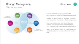 9Change Management
Why it’s important
• Success is entirely gauged by meaningful
participation, not by the technology implementation
• There is no switch to shut off and these tools very
much depend on discretionary effort of employees
• Enterprise collaboration tools demand a much
different kind of organization and leadership to
work effectively than many past technology efforts
• Works on the network effect: the more people that
use the tool, the more people will want to use the
tool
 
