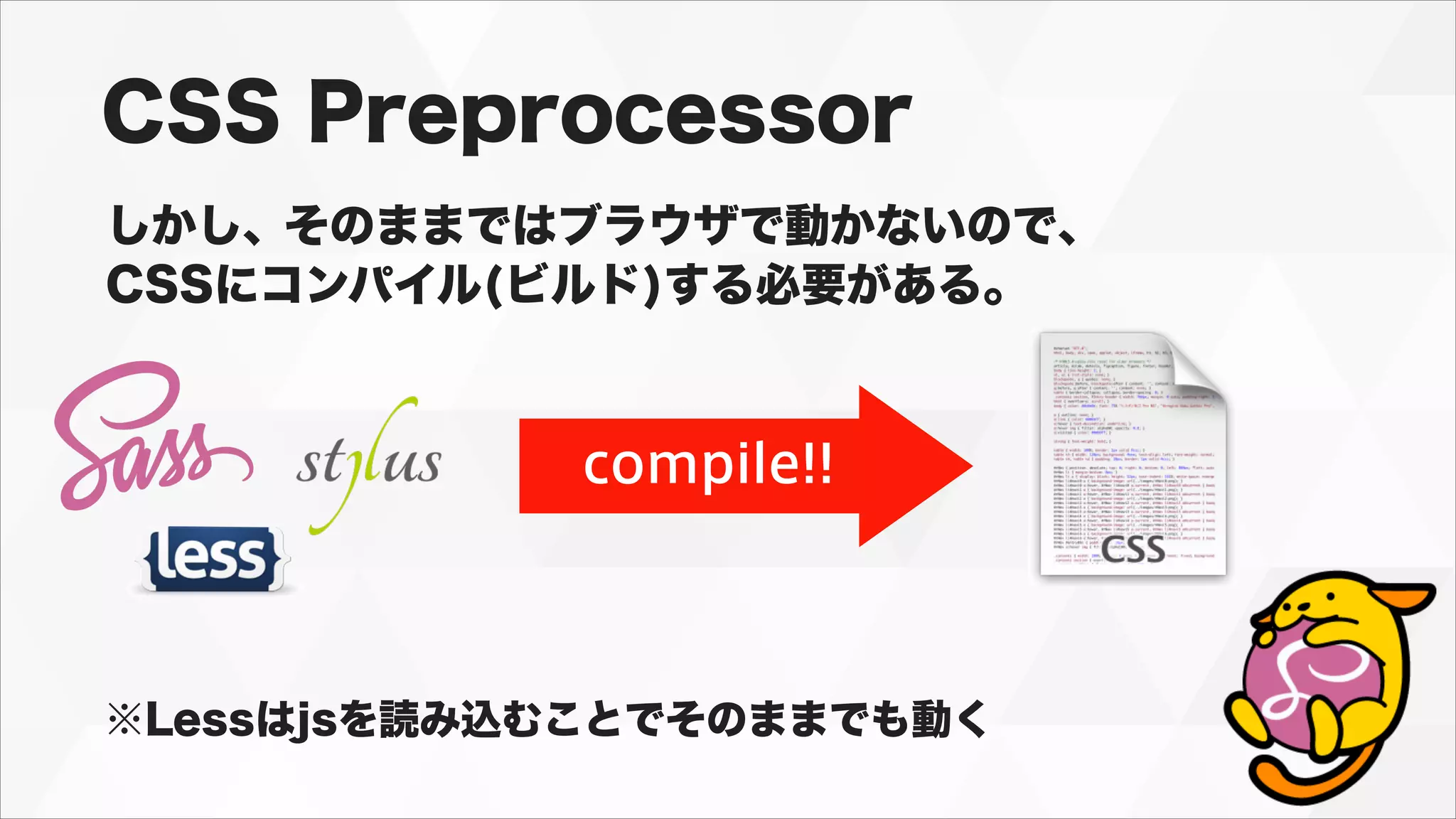 CSS Preprocessor
しかし、そのままではブラウザで動かないので、
CSSにコンパイル(ビルド)する必要がある。
compile!!
※Lessはjsを読み込むことでそのままでも動く
 