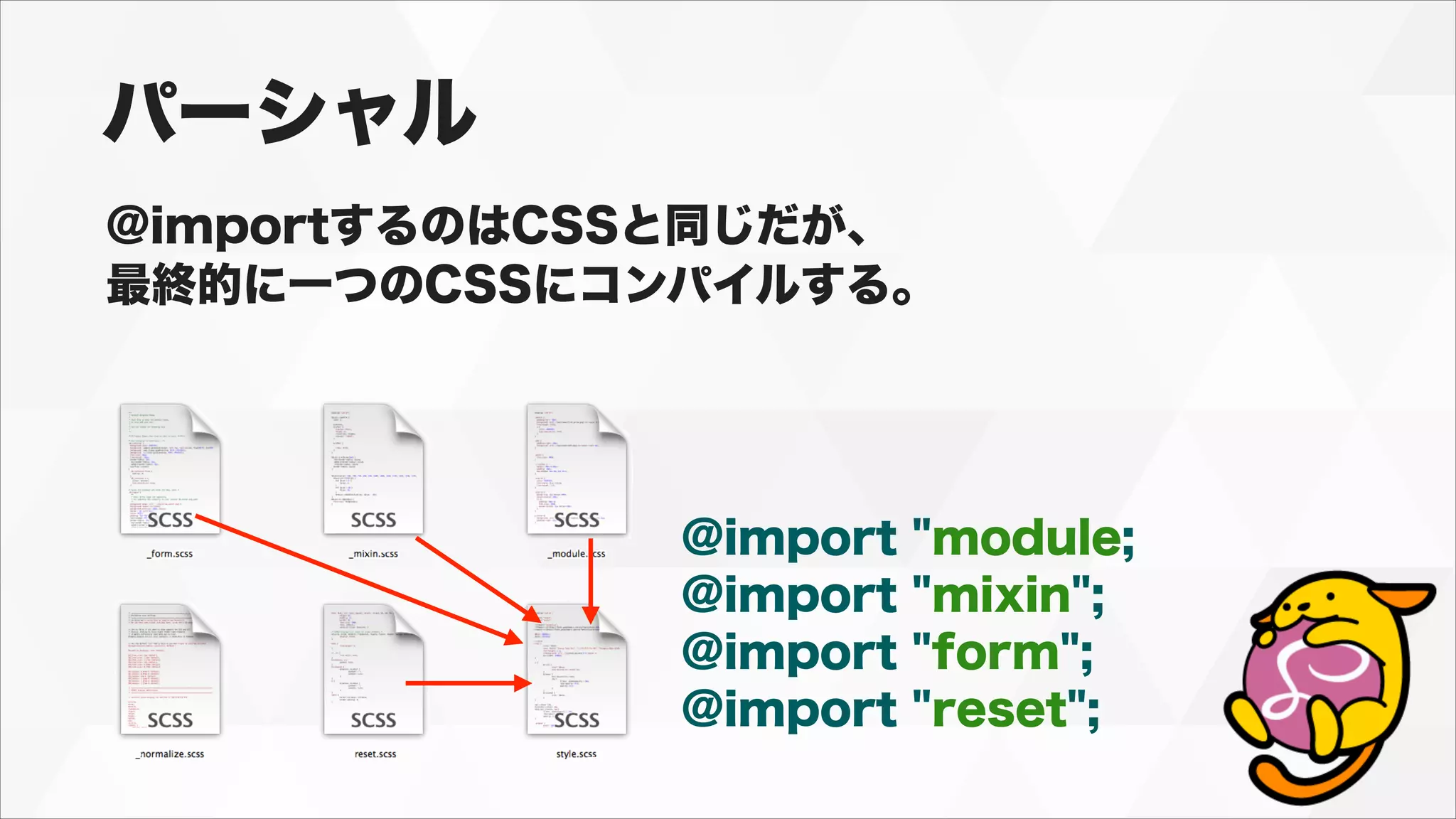 パーシャル
@importするのはCSSと同じだが、
最終的に一つのCSSにコンパイルする。
@import "module;
@import "mixin";
@import "form";
@import "reset";
 