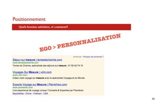 Positionnement
  Quels besoins satisfaire, et comment?


                                                   TION
                                              ALISA
                                          SONN
                 EGO > PER




                                                          26
 