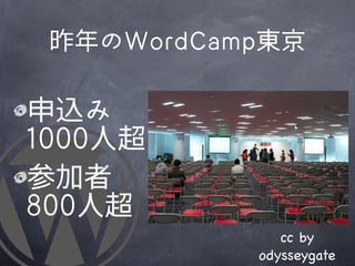 昨年のWWoorrddCCaammpp東京

申込み
11000000人超
参加者
880000人超
                     cc by
                  odysseygate
 