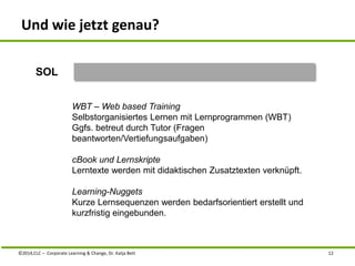 Und wie jetzt genau? 
SOL 
WBT – Web based Training 
Selbstorganisiertes Lernen mit Lernprogrammen (WBT) 
Ggfs. betreut durch Tutor (Fragen 
beantworten/Vertiefungsaufgaben) 
cBook und Lernskripte 
Lerntexte werden mit didaktischen Zusatztexten verknüpft. 
Learning-Nuggets 
Kurze Lernsequenzen werden bedarfsorientiert erstellt und 
kurzfristig eingebunden. 
©2014,CLC – Corporate Learning & Change, Dr. Katja Bett 12 
 