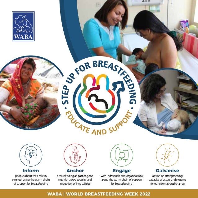 Inform
people about their role in
strengthening the warm chain
of support for breastfeeding ​
Engage
with individuals and organisations
along the warm chain of support
for breastfeeding
Anchor
breastfeeding as part of good
nutrition, food security and
reduction of inequalities
Galvanise
action on strengthening
capacity of actors and systems
for transformational change
S
T
E
P
U
P FOR BREAST
F
E
E
D
I
N
G
E
D
U
CATE AND SUPP
O
R
T
WABA | WORLD BREASTFEEDING WEEK 2022
 