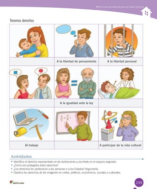 239
Reconocer que todas las personas poseen derechos
• Identifica el derecho representado en las ilustraciones y escríbelo en el espacio asignado.
• ¿Cómo son protegidos estos derechos?
• ¿Los derechos les pertenecen a las personas o a los Estados? Argumenta.
• Clasifica los derechos de las imágenes en civiles, políticos, económicos, sociales o culturales.
Actividades
Tenemos derechos
A participar de la vida culturalAl trabajo
A la igualdad ante la ley
A la libertad personalA la libertad de pensamiento
U6.indd 239 27-06-12 15:32
 