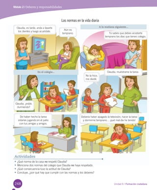 248 Unidad 6 / Formación ciudadana
Módulo 2 / Deberes y responsabilidades
•	¿Qué	norma	de	la	casa	no	respetó	Claudia?
•	Menciona	dos	normas	del	colegio	que	Claudia	no	haya	respetado.
•	¿Qué	consecuencia	tuvo	la	actitud	de	Claudia?
•	Concluye,	¿por	qué	hay	que	cumplir	con	las	normas	y	los	deberes?	
Actividades
Las normas en la vida diaria
A la mañana siguiente...
En el colegio...
Claudia,	es	tarde,	anda	a	lavarte	
los	dientes	y	luego	acuéstate.
Tú	sabes	que	debes	acostarte	
temprano	los	días	que	tienes	colegio.
Aún	es	
temprano.	
Claudia,	¿estás	
durmiendo?
Claudia,	muéstrame	la	tarea.
No	la	hice,	
me	olvidé.
De	haber	hecho	la	tarea	
estarías	jugando	en	el	patio	
con	tus	amigas	y	amigos.
Debería	haber	apagado	la	televisión,	hacer	la	tarea	
y	dormirme	temprano…	¡qué	mal	día	he	tenido!
U6.indd 248 15-06-12 19:44
 
