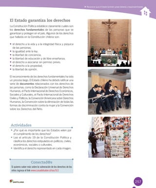 257
Reconocer que el Estado también posee deberes y responsabilidades
257
El Estado garantiza los derechos
La	Constitución	Política	establece	claramente	cuáles	son	
los	derechos fundamentales	de	las	personas	que	se	
garantizan	y	protegen	en	el	país.	Algunos	de	los	derechos	
que	hallarás	en	la	Constitución	chilena	son:
•	el	derecho	a	la	vida	y	a	la	integridad	física	y	psíquica	
de	las	personas;	
•	la	igualdad	ante	la	ley;
•	la	libertad	de	conciencia;
•	la	libertad	de	educación	y	de	libre	enseñanza;
•	el	derecho	a	asociarse	sin	permiso	previo;
•	el	derecho	a	la	propiedad;
•	la	libertad	de	opinión.
El	reconocimiento	de	los	derechos	fundamentales	ha	sido	
un	proceso	largo.	El	Estado	chileno	ha	debido	ratificar	una	
serie	de	documentos	relacionados	con	los	derechos	de	
las	personas,	como	la	Declaración	Universal	de	Derechos	
Humanos,	el	Pacto	Internacional	de	Derechos	Económicos,	
Sociales	y	Culturales,	el	Pacto	Internacional	de	Derechos	
Civiles	y	Políticos,	la	Convención	Americana	sobre	Derechos	
Humanos,	la	Convención	sobre	la	eliminación	de	todas	las	
formas	de	discriminación	contra	la	mujer	y	la	Convención	
sobre	los	Derechos	del	Niño.
•	¿Por	qué	es	importante	que	los	Estados	velen	por	
el	cumplimento	de	los	derechos?
•	Lee	el	artículo	19	de	la	Constitución	Política	y	
clasifica	los	derechos	estipulados	en	políticos,	civiles,	
económicos,	sociales	o	culturales.
•	Identifica	el	derecho	representado	en	cada	imagen.
Actividades
Conectad@s
Si quieres saber más sobre la vulneración de los derechos de los
niños ingresa el link www.casadelsaber.cl/soc/511
U6.indd 257 15-06-12 19:44
 