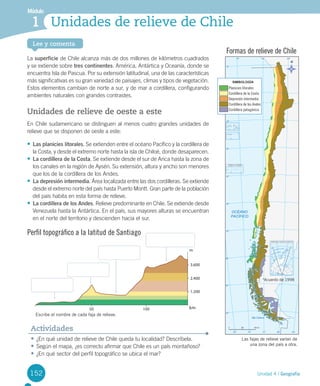 152
Lee y comenta
Unidad 4 / Geografía
Módulo
Unidades de relieve de Chile1
La	superficie de	Chile	alcanza	más	de	dos	millones	de	kilómetros	cuadrados	
y	se	extiende	sobre	tres continentes:	América,	Antártica	y	Oceanía,	donde	se	
encuentra	Isla	de	Pascua.	Por	su	extensión	latitudinal,	una	de	las	características	
más	significativas	es	su	gran	variedad	de	paisajes,	climas	y	tipos	de	vegetación.	
Estos	elementos	cambian	de	norte	a	sur,	y	de	mar	a	cordillera,	configurando	
ambientes	naturales	con	grandes	contrastes.
Unidades de relieve de oeste a este
En	Chile	sudamericano	se	distinguen	al	menos	cuatro	grandes	unidades	de	
relieve	que	se	disponen	de	oeste	a	este:
•	Las planicies litorales.	Se	extienden	entre	el	océano	Pacífico	y	la	cordillera	de	
la	Costa,	y	desde	el	extremo	norte	hasta	la	isla	de	Chiloé,	donde	desaparecen.
•	La cordillera de la Costa.	Se	extiende	desde	el	sur	de	Arica	hasta	la	zona	de	
los	canales	en	la	región	de	Aysén.	Su	extensión,	altura	y	ancho	son	menores	
que	los	de	la	cordillera	de	los	Andes.	
•	La depresión intermedia.	Área	localizada	entre	las	dos	cordilleras.	Se	extiende	
desde	el	extremo	norte	del	país	hasta	Puerto	Montt.	Gran	parte	de	la	población	
del	país	habita	en	esta	forma	de	relieve.		
•	La cordillera de los Andes.	Relieve	predominante	en	Chile.	Se	extiende	desde	
Venezuela	hasta	la	Antártica.	En	el	país,	sus	mayores	alturas	se	encuentran	
en	el	norte	del	territorio	y	descienden	hacia	el	sur.
•	¿En	qué	unidad	de	relieve	de	Chile	queda	tu	localidad?	Descríbela.
•	Según	el	mapa,	¿es	correcto	afirmar	que	Chile	es	un	país	montañoso?
•	¿En	qué	sector	del	perfil	topográfico	se	ubica	el	mar?
Actividades
Formas de relieve de Chile
Perfil topográfico a la latitud de Santiago
Escribe el nombre de cada faja de relieve.
Las fajas de relieve varían de
una zona del país a otra.
km
*Acuerdo de 1998
Planicies litorales
Cordillera de la Costa
Depresión intermedia
Cordillera de los Andes
Cordillera patagónica
U4 DIFROL.indd 152 15-06-12 19:29
 