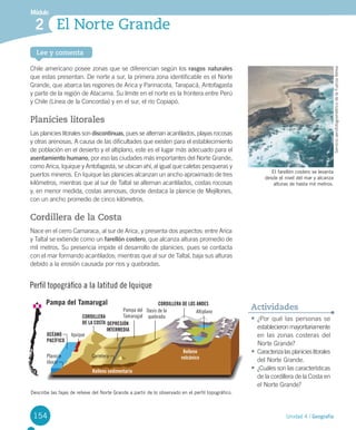 Lee y comenta
154 Unidad 4 / Geografía
Módulo
El Norte Grande2
Chile americano posee zonas que se diferencian según los rasgos naturales
que estas presentan. De norte a sur, la primera zona identificable es el Norte
Grande, que abarca las regiones de Arica y Parinacota, Tarapacá, Antofagasta
y parte de la región de Atacama. Su límite en el norte es la frontera entre Perú
y Chile (Línea de la Concordia) y en el sur, el río Copiapó.
Planicies litorales
Las planicies litorales son discontinuas, pues se alternan acantilados, playas rocosas
y otras arenosas. A causa de las dificultades que existen para el establecimiento
de población en el desierto y el altiplano, este es el lugar más adecuado para el
asentamiento humano, por eso las ciudades más importantes del Norte Grande,
como Arica, Iquique y Antofagasta, se ubican ahí, al igual que caletas pesqueras y
puertos mineros. En Iquique las planicies alcanzan un ancho aproximado de tres
kilómetros, mientras que al sur de Taltal se alternan acantilados, costas rocosas
y, en menor medida, costas arenosas, donde destaca la planicie de Mejillones,
con un ancho promedio de cinco kilómetros.
Cordillera de la Costa
Nace en el cerro Camaraca, al sur de Arica, y presenta dos aspectos: entre Arica
y Taltal se extiende como un farellón costero, que alcanza alturas promedio de
mil metros. Su presencia impide el desarrollo de planicies, pues se contacta
con el mar formando acantilados; mientras que al sur de Taltal, baja sus alturas
debido a la erosión causada por ríos y quebradas.
• ¿Por qué las personas se
establecieronmayoritariamente
en las zonas costeras del
Norte Grande?
• Caracterizalasplanicieslitorales
del Norte Grande.
• ¿Cuáles son las características
de la cordillera de la Costa en
el Norte Grande?
Actividades
Perfil topográfico a la latitud de Iquique
Describe las fajas de relieve del Norte Grande a partir de lo observado en el perfil topográfico.
El farellón costero se levanta
desde el nivel del mar y alcanza
alturas de hasta mil metros.
OCÉANO
PACÍFICO
Iquique
Pampa del
Tamarugal
Pampa del Tamarugal
Oasis de la
quebrada
Altiplano
CORDILLERA
DE LA COSTA DEPRESIÓN
INTERMEDIA
CORDILLERA DE LOS ANDES
Planicie
litoral
Relleno sedimentario
Carretera
Relleno
volcánico
ServicioaerofotogramétricodelaFuerzaAérea
U4 DIFROL.indd 154 27-06-12 12:43
 