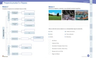Casa del Saber
PegaaquíPegaaquíPegaaquíPegaaquíPegaaquí
Prepara la prueba 5 • Repaso
Módulo 3Módulo 2
Completa el esquema de la actividad minera en Chile. Observa las imágenes y asócialas a una actividad económica específica.
Ubica la letra del recurso natural en su correspondiente lugar de extracción.
a. Cobre d. Cultivos de secano
b. Hierro e. Pesca artesanal
c. Carbón f. Silvicultura
MineríadeChile
NorteGrande
minerales que
se explotan
importante
rol de
Los Bronces
petróleo
los pirquineros
oro
en yacimientos
como
extracción de
extracción de
extracción de
destaca rol de
SurySurAustral
Isla Riesco.
Costas de Chile.
Yacimiento El Salvador, Norte Chico.
Yacimiento El Carmen, Norte Chico.
Bosques del sur de Chile.
Región del Maule.
litio
La Escondida
de en
Unidad 5
DESPEGABLE.U5.indd 2 27-06-12 15:46
 