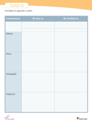 Cartón 6
Completa el siguiente cuadro.
Características Mi zona es: Mi localidad es:
Relieve
Clima
Hidrografía
Población
Cartones.indd 11 28-06-12 12:09
 