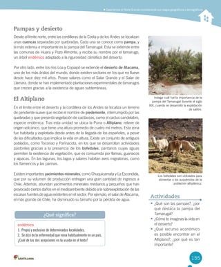 155
Caracterizar el Norte Grande considerando sus rasgos geográficos y demográficos
•	¿Qué	son	las	pampas?,	¿por	
qué	destaca	la	pampa	del	
Tamarugal?
•	¿Cómo	te	imaginas	la	vida	en	
el	desierto?
•	¿Qué	 recurso	 económico	
es	posible	encontrar	en	el	
Altiplano?,	¿por	qué	es	tan	
importante?
Actividades
Pampas y desierto
Desde	el	límite	norte,	entre	las	cordilleras	de	la	Costa	y	de	los	Andes	se	localizan	
unas	cuencas	separadas	por	quebradas.	Cada	una	se	conoce	como	pampa,	y	
la	más	extensa	e	importante	es	la	pampa	del	Tamarugal.	Esta	se	extiende	entre	
las	comunas	de	Huara	y	Pozo	Almonte,	y	recibe	su	nombre	por	el	tamarugo,	
un	árbol	endémico	adaptado	a	la	rigurosidad	climática	del	desierto.	
Por	otro	lado,	entre	los	ríos	Loa	y	Copiapó	se	extiende	el	desierto de Atacama,	
uno	de	los	más	áridos	del	mundo,	donde	existen	sectores	en	los	que	no	llueve	
desde	hace	diez	mil	años.	Posee	salares	como	el	Salar	Grande	y	el	Salar	de	
Llamara,	donde	se	han	implementado	plantaciones	experimentales	de	tamarugos	
que	crecen	gracias	a	la	existencia	de	aguas	subterráneas.	
El Altiplano
En	el	límite	entre	el	desierto	y	la	cordillera	de	los	Andes	se	localiza	un	terreno	
de	pendiente	suave	que	recibe	el	nombre	de	piedemonte,	interrumpido	por	las	
quebradas	y	que	presenta	vegetación	de	cactáceas,	como	el	cactus	candelabro,	
especie	endémica.	Tras	esta	unidad	se	ubica	la	Puna	o	Altiplano,	relieve	de	
origen	volcánico,	que	tiene	una	altura	promedio	de	cuatro	mil	metros.	Esta	zona	
fue	habitada	y	explotada	desde	antes	de	la	llegada	de	los	españoles,	a	pesar	
de	las	dificultades	que	implica	la	vida	en	altura.	Existe	un	conjunto	de	antiguos	
poblados,	como	Toconao	y	Parinacota,	en	los	que	se	desarrollan	actividades	
pastoriles	gracias	a	la	presencia	de	los	bofedales,	pantanos	cuyas	aguas	
permiten	la	existencia	de	vegetación,	que	es	consumida	por	llamas,	guanacos	
y	alpacas.	En	las	lagunas,	los	lagos	y	salares	habitan	aves	migratorias,	como	
los	flamencos	y	las	parinas.	
Existen	importantes	yacimientos minerales,	como	Chuquicamata	y	La	Escondida,	
que	por	su	volumen	de	producción	entregan	una	gran	cantidad	de	ingresos	a	
Chile.	Además,	abundan	yacimientos	minerales	medianos	y	pequeños	que	han	
provocado	ciertos	daños	en	el	medioambiente	debido	a	la	sobreexplotación	de	las	
escasas	fuentes	de	agua	existentes	en	el	sector.	Por	ejemplo,	el	salar	de	Atacama,	
el	más	grande	de	Chile,	ha	disminuido	su	tamaño	por	la	pérdida	de	agua.
Indaga cuál fue la importancia de la
pampa del Tamarugal durante el siglo
XIX, cuando se desarrolló la explotación
de salitre.
Los bofedales son utilizados para
alimentar a los auquénidos de la
población altiplánica.
endémico
1. Propio y exclusivo de determinadas localidades.
2. Se dice de la enfermedad que reina habitualmente en un país.
¿Cuál de las dos acepciones es la usada en el texto?
¿Qué significa?
U4 DIFROL.indd 155 15-06-12 19:29
 