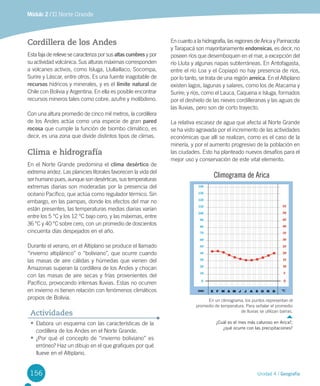 156 Unidad 4 / Geografía
Módulo 2 / El Norte Grande
Cordillera de los Andes
Esta	faja	de	relieve	se	caracteriza	por	sus	altas cumbres	y	por	
su	actividad	volcánica.	Sus	alturas	máximas	corresponden	
a	volcanes	activos,	como	Isluga,	Llullaillaco,	Socompa,	
Surire	y	Láscar,	entre	otros.	Es	una	fuente	inagotable	de	
recursos	hídricos	y	minerales,	y	es	el	límite natural	de	
Chile	con	Bolivia	y	Argentina.	En	ella	es	posible	encontrar	
recursos	mineros	tales	como	cobre,	azufre	y	molibdeno.
Con	una	altura	promedio	de	cinco	mil	metros,	la	cordillera	
de	los	Andes	actúa	como	una	especie	de	gran	pared
rocosa	que	cumple	la	función	de	biombo	climático,	es	
decir,	es	una	zona	que	divide	distintos	tipos	de	climas.
Clima e hidrografía
En	el	Norte	Grande	predomina	el	clima desértico	de	
extrema	aridez.	Las	planicies	litorales	favorecen	la	vida	del	
ser	humano	pues,	aunque	son	desérticas,	sus	temperaturas	
extremas	diarias	son	moderadas	por	la	presencia	del	
océano	Pacífico,	que	actúa	como	regulador	térmico.	Sin	
embargo,	en	las	pampas,	donde	los	efectos	del	mar	no	
están	presentes,	las	temperaturas	medias	diarias	varían	
entre	los	5	°C	y	los	12	°C	bajo	cero,	y	las	máximas,	entre	
36	°C	y	40	°C	sobre	cero,	con	un	promedio	de	doscientos	
cincuenta	días	despejados	en	el	año.
Durante	el	verano,	en	el	Altiplano	se	produce	el	llamado	
“invierno	altiplánico”	o	“boliviano”,	que	ocurre	cuando	
las	masas	de	aire	cálidas	y	húmedas	que	vienen	del	
Amazonas	superan	la	cordillera	de	los	Andes	y	chocan	
con	las	masas	de	aire	secas	y	frías	provenientes	del	
Pacífico,	provocando	intensas	lluvias.	Estas	no	ocurren	
en	invierno	ni	tienen	relación	con	fenómenos	climáticos	
propios	de	Bolivia.	
En	cuanto	a	la	hidrografía,	las	regiones	de	Arica	y	Parinacota	
y	Tarapacá	son	mayoritariamente	endorreicas,	es	decir,	no	
poseen	ríos	que	desemboquen	en	el	mar,	a	excepción	del	
río	Lluta	y	algunas	napas	subterráneas.	En	Antofagasta,	
entre	el	río	Loa	y	el	Copiapó	no	hay	presencia	de	ríos,	
por	lo	tanto,	se	trata	de	una	región	arreica.	En	el	Altiplano	
existen	lagos,	lagunas	y	salares,	como	los	de	Atacama	y	
Surire;	y	ríos,	como	el	Lauca,	Caquena	e	Isluga,	formados	
por	el	deshielo	de	las	nieves	cordilleranas	y	las	aguas	de	
las	lluvias,	pero	son	de	corto	trayecto.	
La	relativa	escasez	de	agua	que	afecta	al	Norte	Grande	
se	ha	visto	agravada	por	el	incremento	de	las	actividades	
económicas	que	allí	se	realizan,	como	es	el	caso	de	la	
minería,	y	por	el	aumento	progresivo	de	la	población	en	
las	ciudades.	Esto	ha	planteado	nuevos	desafíos	para	el	
mejor	uso	y	conservación	de	este	vital	elemento.
•	Elabora	un	esquema	con	las	características	de	la	
cordillera	de	los	Andes	en	el	Norte	Grande.
•	¿Por	qué	el	concepto	de	“invierno	boliviano”	es	
erróneo?	Haz	un	dibujo	en	el	que	grafiques	por	qué	
llueve	en	el	Altiplano.
Actividades
En	un	climograma,	los	puntos	representan	el	
promedio	de	temperatura.	Para	señalar	el	promedio	
de	lluvias	se	utilizan	barras.
¿Cuál es el mes más caluroso en Arica?,
¿qué ocurre con las precipitaciones?
Climograma de Arica
U4 DIFROL.indd 156 15-06-12 19:29
 