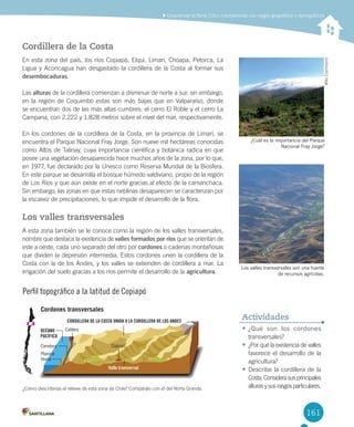 161
	Caracterizar	el	Norte	Chico	considerando	sus	rasgos	geográficos	y	demográficos
•	¿Qué	 son	 los	 cordones	
transversales?
•	¿Por	qué	la	existencia	de	valles	
favorece	el	desarrollo	de	la	
agricultura?
•	Describe	la	cordillera	de	la	
Costa.	Considera	sus	principales	
alturas	y	sus	rasgos	particulares.	
Actividades
Cordillera de la Costa
En	esta	zona	del	país,	los	ríos	Copiapó,	Elqui,	Limarí,	Choapa,	Petorca,	La	
Ligua	y	Aconcagua	han	desgastado	la	cordillera	de	la	Costa	al	formar	sus	
desembocaduras.	
Las	alturas	de	la	cordillera	comienzan	a	disminuir	de	norte	a	sur;	sin	embargo,	
en	la	región	de	Coquimbo	estas	son	más	bajas	que	en	Valparaíso,	donde	
se	encuentran	dos	de	las	más	altas	cumbres:	el	cerro	El	Roble	y	el	cerro	La	
Campana,	con	2.222	y	1.828	metros	sobre	el	nivel	del	mar,	respectivamente.
En	los	cordones	de	la	cordillera	de	la	Costa,	en	la	provincia	de	Limarí,	se	
encuentra	el	Parque	Nacional	Fray	Jorge.	Son	nueve	mil	hectáreas	conocidas	
como	Altos	de	Talinay,	cuya	importancia	científica	y	botánica	radica	en	que	
posee	una	vegetación	desaparecida	hace	muchos	años	de	la	zona,	por	lo	que,	
en	1977,	fue	declarado	por	la	Unesco	como	Reserva	Mundial	de	la	Biosfera.	
En	este	parque	se	desarrolla	el	bosque	húmedo	valdiviano,	propio	de	la	región	
de	Los	Ríos	y	que	aún	existe	en	el	norte	gracias	al	efecto	de	la	camanchaca.	
Sin	embargo,	las	zonas	en	que	estas	neblinas	desaparecen	se	caracterizan	por	
la	escasez	de	precipitaciones,	lo	que	impide	el	desarrollo	de	la	flora.	
Los valles transversales
A	esta	zona	también	se	le	conoce	como	la	región	de	los	valles	transversales,	
nombre	que	destaca	la	existencia	de	valles formados por ríos	que	se	orientan	de	
este	a	oeste,	cada	uno	separado	del	otro	por	cordones	o	cadenas	montañosas	
que	dividen	la	depresión	intermedia.	Estos	cordones	unen	la	cordillera	de	la	
Costa	con	la	de	los	Andes,	y	los	valles	se	extienden	de	cordillera	a	mar.	La	
irrigación	del	suelo	gracias	a	los	ríos	permite	el	desarrollo	de	la	agricultura.
Los valles transversales son una fuente
de recursos agrícolas.
¿Cuál es la importancia del Parque
Nacional Fray Jorge?
Wiki	Commons
Perfil topográfico a la latitud de Copiapó
Cordones transversales
Valle transversal
CORDILLERA DE LA COSTA UNIDA A LA CORDILLERA DE LOS ANDES
OCÉANO
PACÍFICO
Planicie
litoral
Carretera
Caldera
Copiapó
¿Cómo	describirías	el	relieve	de	esta	zona	de	Chile?	Compáralo	con	el	del	Norte	Grande.	
U4 DIFROL.indd 161 15-06-12 19:29
 