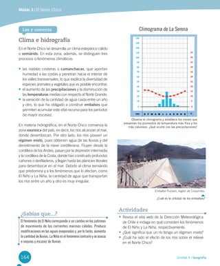 164 Unidad 4 / Geografía
Módulo 3 / El Norte Chico
Clima e hidrografía
En	el	Norte	Chico	se	desarrolla	un	clima	estepárico	cálido	
o	semiárido.	En	esta	zona,	además,	se	distinguen	tres	
procesos	o	fenómenos	climáticos:	
•	las	nieblas	costeras	o	camanchacas,	que	aportan	
humedad	a	las	costas	y	penetran	hacia	el	interior	de	
los	valles	transversales,	lo	que	explica	la	diversidad	de	
especies	animales	y	vegetales	que	es	posible	encontrar;	
•	el	aumento	de	las	precipitaciones	y	la	disminución	de	
las	temperaturas	medias	con	respecto	al	Norte	Grande;
•	la	variación	de	la	cantidad	de	agua	caída	entre	un	año	
y	otro,	lo	que	ha	obligado	a	construir	embalses	que	
permiten	acumular	este	vital	recurso	para	los	períodos	
de	mayor	escasez.
En	materia	hidrográfica,	en	el	Norte	Chico	comienza	la	
zona	exorreica	del	país,	es	decir,	los	ríos	alcanzan	el	mar,	
donde	desembocan.	Por	otro	lado,	los	ríos	poseen	un	
régimen mixto,	pues	obtienen	agua	de	las	lluvias	y	del	
derretimiento	de	la	nieve	cordillerana.	Fluyen	desde	la	
cordillera	de	los	Andes,	pasan	por	la	depresión	intermedia	
y	la	cordillera	de	la	Costa,	donde	han	construido	profundos	
cañones	o	desfiladeros,	y	llegan	hasta	las	planicies	litorales	
para	desembocar	en	el	mar.	Debido	al	clima	semiárido	
que	predomina	y	a	los	fenómenos	que	lo	afectan,	como	
El	Niño	y	La	Niña,	la	cantidad	de	agua	que	transportan	
los	ríos	entre	un	año	y	otro	es	muy	irregular.
•	Revisa	el	sitio	web	de	la	Dirección	Meteorológica	
de	Chile	e	indaga	en	qué	consisten	los	fenómenos	
de	El	Niño	y	La	Niña,	respectivamente.	
•	¿Qué	significa	que	un	río	tenga	un	régimen	mixto?
•	¿Cuál	ha	sido	el	efecto	de	los	ríos	sobre	el	relieve	
en	el	Norte	Chico?
Actividades
Lee y comenta
El fenómeno de El Niño corresponde a un cambio en los patrones
de movimiento de las corrientes marinas cálidas. Produce
modificaciones en las aguas evaporadas y, por lo tanto, aumenta
la cantidad de lluvias. La Niña es el fenómeno contrario y se asocia
a sequías y escasez de lluvias.
¿Sabías que...?
Climograma de La Serena
Observa el climograma y establece los meses que
presentan los promedios de temperatura más fríos y los
más calurosos. ¿Qué ocurre con las precipitaciones?
Embalse	Puclaro,	región	de	Coquimbo.	
¿Cuál es la utilidad de los embalses?
U4 DIFROL.indd 164 15-06-12 19:29
 