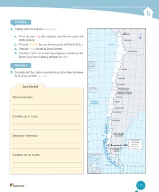 171
Caracterizar la Zona Central considerando sus rasgos geográficos y demográficos
Practica
1.	Trabaja sobre el esquicio. Identificar
a.	 Pinta de color rojo las regiones que forman parte del
Norte Grande.
b.	 Pinta de amarillo las que forman parte del Norte Chico.
c.	 Pinta de verde las de la Zona Central.
d.	 Establece como conclusión qué regiones quedan en las
Zonas Sur y Sur Austral y píntalas de café.
2.	Completa la ficha con las características de las fajas de relieve
de la Zona Central. Describir
Sintetiza
Planicies litorales:
Cordillera de la Costa:
Depresión intermedia:
Cordillera de los Andes:
Zona Central
*Acuerdo de 1998
U4 DIFROL.indd 171 27-06-12 12:44
 