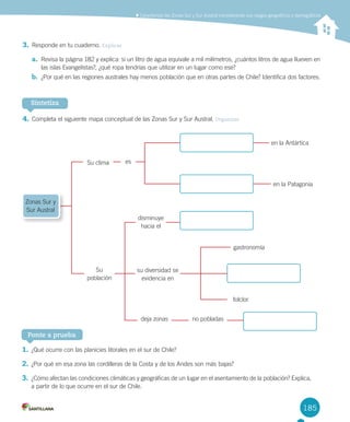 185
3.	Responde	en	tu	cuaderno.	Explicar
a.	 Revisa	la	página	182	y	explica:	si	un	litro	de	agua	equivale	a	mil	milímetros,	¿cuántos	litros	de	agua	llueven	en	
las	islas	Evangelistas?,	¿qué	ropa	tendrías	que	utilizar	en	un	lugar	como	ese?
b.	 ¿Por	qué	en	las	regiones	australes	hay	menos	población	que	en	otras	partes	de	Chile?	Identifica	dos	factores.		
4.	Completa	el	siguiente	mapa	conceptual	de	las	Zonas	Sur	y	Sur	Austral.	Organizar
Sintetiza
Ponte a prueba
1.	¿Qué	ocurre	con	las	planicies	litorales	en	el	sur	de	Chile?
2.	¿Por	qué	en	esa	zona	las	cordilleras	de	la	Costa	y	de	los	Andes	son	más	bajas?
3.	¿Cómo	afectan	las	condiciones	climáticas	y	geográficas	de	un	lugar	en	el	asentamiento	de	la	población?	Explica,	
a	partir	de	lo	que	ocurre	en	el	sur	de	Chile.	
Zonas	Sur	y	
Sur	Austral
Su	clima es
en	la	Antártica
en	la	Patagonia
gastronomía
folclor
disminuye	
hacia	el
Su	
población
su	diversidad	se	
evidencia	en
deja	zonas no	pobladas
	Caracterizar	las	Zonas	Sur	y	Sur	Austral	considerando	sus	rasgos	geográficos	y	demográficos
U4 DIFROL.indd 185 15-06-12 19:30
 