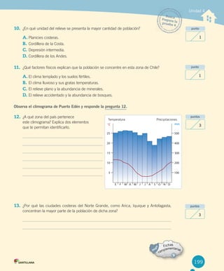 199
10. ¿En	qué	unidad	del	relieve	se	presenta	la	mayor	cantidad	de	población?
A.	Planicies	costeras.
B.	Cordillera	de	la	Costa.
C.	Depresión	intermedia.
D.	Cordillera	de	los	Andes.
11. ¿Qué	factores	físicos	explican	que	la	población	se	concentre	en	esta	zona	de	Chile?
A.	El	clima	templado	y	los	suelos	fértiles.
B.	El	clima	lluvioso	y	sus	gratas	temperaturas.
C.	El	relieve	plano	y	la	abundancia	de	minerales.
D.	El	relieve	accidentado	y	la	abundancia	de	bosques.
Observa el climograma de Puerto Edén y responde la pregunta 12.
12. ¿A	qué	zona	del	país	pertenece
este	climograma?	Explica	dos	elementos
que	te	permitan	identificarlo.
13. ¿Por	qué	las	ciudades	costeras	del	Norte Grande,	como	Arica,	Iquique	y	Antofagasta,
concentran	la	mayor	parte	de	la	población	de	dicha	zona?
Unidad 4
puntos
3
puntos
3
punto
1
punto
1
Temperatura Precipitaciones
Busca
Prepara	laprueba	4
U4 DIFROL.indd 199 15-06-12 19:30
 