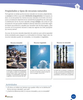 203
	Reconocer	la	importancia	que	tienen	los	recursos	naturales	y	humanos
Propiedades y tipos de recursos naturales
Por	lo	general,	se	señala	que	los	recursos	naturales	son	escasos	y	dependientes.	
La	escasez	se	refiere	a	que	están	distribuidos desigualmente	en	el	espacio,	es	
decir,	no	se	encuentran	los	mismos	recursos	naturales	en	el	norte	o	en	el	sur,	
pues	su	localización	depende	de	las	características	geográficas	de	cada	lugar.	
La	distribución	de	los	recursos	naturales	entrega	ventajas	a	las	zonas	en	que	
se	producen,	las	que	pueden	establecer	diversas	relaciones	comerciales	según	
los	bienes	que	producen	y	aquellos	que	necesitan	traer	de	otros	lugares.	¿Qué	
ocurriría	con	la	economía	nacional	si	todas	las	regiones	de	Chile	produjeran	
los	mismos	bienes?	
A	su	vez,	los	recursos	naturales	dependen	de	cuánto	se	usan	y	de	la	capacidad	
de	las	sociedades	para	asegurar	su	continuidad	en	el	tiempo.	Según	esto,	los	
recursos	naturales	pueden	ser	renovables,	no	renovables	o	inagotables.	
•	¿El	clima	y	el	relieve	son	factores	que	pueden	influir	en	la	distribución	
de	los	recursos	naturales?,	¿por	qué?
•	¿Cuál	es	la	diferencia	entre	un	recurso	renovable	y	uno	no	renovable?
Actividades
Esaquelque,siseaprovechaadecuadamente,
no se agota ni pierde sus propiedades,
porque puede volver a generarse. Sin
embargo, si se sobreexplota, puede llegar
a agotarse, como los recursos del mar.
Es aquel que se extingue a medida que
se usa, y no existe la posibilidad técnica
ni cultural de recuperar su cantidad o sus
propiedades, como el cobre y el petróleo.
Es aquel tipo de recurso que no tiene
precio en el mercado, porque aunque se
usa no se agota, como el sol.
Recurso renovable Recurso inagotable Recurso no renovable
U5.indd 203 15-06-12 19:38
 