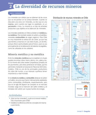 208
Lee y comenta
Unidad 5 / Geografía
Módulo
La diversidad de recursos mineros2
Los minerales son sólidos que se obtienen de las rocas
que se encuentran en la corteza terrestre. Cuando se
descubre una zona con minerales, se dice que es una
reserva, pero cuando ese lugar es explotado, es un
yacimiento o mina. La minería es un tipo de actividad
productiva cuyo objetivo es la obtención de minerales.
Los minerales existentes en Chile se dividen en metálicos y
no metálicos. Pero también existen el carbón y el petróleo,
minerales combustibles de origen orgánico. Para Chile
es muy importante la extracción de cobre, ya que hay
yacimientos y reservas en casi todo el país, y la de litio,
porque ofrece oportunidades para el futuro, pues se usa
principalmente en la elaboración de baterías recargables,
como las utilizadas en los celulares.
Minería metálica y no metálica
Entre los minerales metálicos que se explotan en el país
puedes encontrar cobre, hierro, plomo, cinc, plata y oro.
En la minería del cobre existen propietarios privados de
los yacimientos, pero otros pertenecen al Estado, que los
administra mediante la Corporación Nacional del Cobre,
Codelco. Chile es uno de los principales productores
de cobre del mundo, y sus reservas cupríferas tienen
importancia a nivel mundial.
En la minería no metálica y combustible destacan el carbón
y el salitre, recursos que fueron intensamente explotados
como combustible y fertilizante, respectivamente, pero
que en el siglo XX dejaron de competir en el mercado
mundial, luego de la invención del salitre sintético y el
remplazo del carbón por nuevas fuentes de energía.
• ¿Qué son los minerales?, ¿cuál es el mineral metálico
más importante para Chile?
• Establece la diferencia entre los conceptos de reserva
y yacimiento.
Actividades
Distribución de recursos minerales en Chile
Acuerdo de 1998
Minerales
Petroleo
Simbología
U5.indd 208 27-06-12 14:51
 
