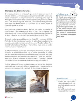 209
Reconocer la importancia que los recursos mineros tienen para Chile
•	¿Cuáles	son	los	recursos	
mineros	del	Norte	Grande	más	
importantes	para	la	economía	
de	Chile?
•	¿Por	qué	Chuquicamata	es	una	
mina	de	cobre	tan	importante?
Actividades
Minería del Norte Grande
El	norte	del	país	es	rico	en	minerales,	lo	que	se	relaciona	con	la	existencia	de	
actividad	volcánica.	La	mina	de	Sagasca	es	el	yacimiento	de	cobre	que	se	ubica	
más	al	norte	de	Chile,	en	la	región	de	Tarapacá.	Sin	embargo,	en	la	región	de	
Antofagasta	se	concentra	la	mayor	cantidad	de	producción	y	ahí	se	encuentra	la	
mina	a	cielo	abierto	más	grande	del	mundo,	Chuquicamata.	Otros	yacimientos	
de	la	región	son	Mantos	Blancos	y	La	Escondida,	que	es	la	mina	privada	de	
cobre	más	grande	del	mundo.	
En	la	región	de	Antofagasta	existen,	además,	importantes	yacimientos	de	
otros	minerales,	como	el	hierro,	donde	destaca	El	Laco,	que	es	la	reserva	más	
importante	de	este	mineral	en	el	país,	y	la	plata,	donde	sobresalen	Cachinal	de	
la	Sierra	y	Gloria	del	Juncal,	dos	de	las	más	grandes	reservas	de	Chile.	
En	cuanto	a	minería no metálica,	durante	el	siglo	XIX	y	comienzos	del	XX	el	
Norte	Grande	fue	el	centro	de	producción	de	salitre.	Se	procesaba	en	unas	
instalaciones	conocidas	como	oficinas	salitreras,	como	María	Elena,	Coya,	Pedro	
de	Valdivia,	Santa	Laura,	Chacabuco	y	Humberstone,	cuyas	ruinas	se	pueden	
visitar	en	las	cercanías	de	Iquique.	
El	yodo,	mineral	del	que	Chile	es	el	principal	productor	mundial;	el	azufre,	que	
se	origina	en	la	actividad	volcánica,	y	la	sal	común,	proveniente	de	salares,	
son	otros	minerales	no	metálicos	presentes	en	el	Norte	Grande.	Las	principales	
azufreras	del	país	se	encuentran	en	conos	volcánicos	o	minas	muy	cercanas	a	
ellos,	como	Tacora	y	Chapiquiña,	en	la	región	de	Arica	y	Parinacota,	mientras	
que	la	sal	común	se	produce	especialmente	en	la	región	de	Tarapacá.
En	Chile	el	litio	existe	en	un	compuesto	asociado	a	más	de	cien	elementos,	
razón	por	la	que	es	necesario	refinarlo.	Los	yacimientos	y	reservas	de	litio	se	
encuentran	en	salares;	el	más	importante	de	ellos	el	salar	de	Atacama.
En el mundo existen yacimientos que
fueron trabajados desde la Prehistoria.
Primero,losmineralesfueronutilizados
paraobtenerpinturasparafinesrituales
y luego, para elaborar herramientas.
Hay evidencias que demuestran que
en Chile, antes de la llegada de los
españoles,seextraíacobre;porlotanto,
esta actividad ha sido fundamental
para el desarrollo del país desde hace
mucho tiempo.
¿Sabías que...?
Mina	de	Chuquicamata. Oficina	salitrera	Humberstone.
U5.indd 209 15-06-12 19:38
 