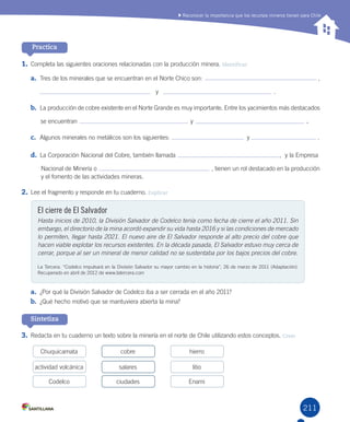 211
Reconocer la importancia que los recursos mineros tienen para Chile
Practica
1.	Completa	las	siguientes	oraciones	relacionadas	con	la	producción	minera.	Identificar
a.	 Tres	de	los	minerales	que	se	encuentran	en	el	Norte	Chico	son:	 ,	
	y .
b.	 La	producción	de	cobre	existente	en	el	Norte	Grande	es	muy	importante.	Entre	los	yacimientos	más	destacados
											se	encuentran	 	y	 .
c.	 Algunos	minerales	no	metálicos	son	los	siguientes:	 	y	 .
d.	 La	Corporación	Nacional	del	Cobre,	también	llamada	 , 	y	la	Empresa
	 Nacional	de	Minería	o	 ,	tienen	un	rol	destacado	en	la	producción
	 y	el	fomento	de	las	actividades	mineras.	
2.	Lee	el	fragmento	y	responde	en	tu	cuaderno.	Explicar
a.	 ¿Por	qué	la	División	Salvador	de	Codelco	iba	a	ser	cerrada	en	el	año	2011?
b.	 ¿Qué	hecho	motivó	que	se	mantuviera	abierta	la	mina?
3.	Redacta	en	tu	cuaderno	un	texto	sobre	la	minería	en	el	norte	de	Chile	utilizando	estos	conceptos.	Crear
Sintetiza
Chuquicamata cobre hierro
actividad	volcánica salares litio
Codelco ciudades Enami
El cierre de El Salvador
Hasta inicios de 2010, la División Salvador de Codelco tenía como fecha de cierre el año 2011. Sin
embargo, el directorio de la mina acordó expandir su vida hasta 2016 y si las condiciones de mercado
lo permiten, llegar hasta 2021. El nuevo aire de El Salvador responde al alto precio del cobre que
hacen viable explotar los recursos existentes. En la década pasada, El Salvador estuvo muy cerca de
cerrar, porque al ser un mineral de menor calidad no se sustentaba por los bajos precios del cobre.
La	Tercera.	“Codelco	impulsará	en	la	División	Salvador	su	mayor	cambio	en	la	historia”,	26	de	marzo	de	2011	(Adaptación).	
Recuperado	en	abril	de	2012	de	www.latercera.com
U5.indd 211 15-06-12 19:38
 