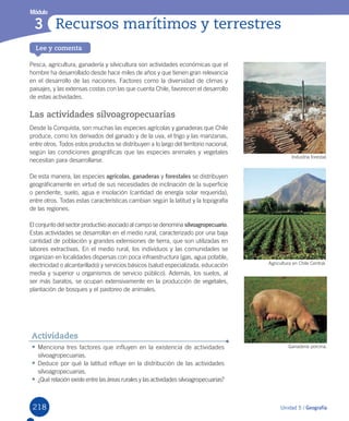 218
Lee y comenta
Módulo
Recursos marítimos y terrestres3
218
Pesca,	agricultura,	ganadería	y	silvicultura	son	actividades	económicas	que	el	
hombre	ha	desarrollado	desde	hace	miles	de	años	y	que	tienen	gran	relevancia	
en	el	desarrollo	de	las	naciones.	Factores	como	la	diversidad	de	climas	y	
paisajes,	y	las	extensas	costas	con	las	que	cuenta	Chile,	favorecen	el	desarrollo	
de	estas	actividades.
Las actividades silvoagropecuarias
Desde	la	Conquista,	son	muchas	las	especies	agrícolas	y	ganaderas	que	Chile	
produce,	como	los	derivados	del	ganado	y	de	la	uva,	el	trigo	y	las	manzanas,	
entre	otros.	Todos	estos	productos	se	distribuyen	a	lo	largo	del	territorio	nacional,	
según	las	condiciones	geográficas	que	las	especies	animales	y	vegetales	
necesitan	para	desarrollarse.	
De	esta	manera,	las	especies	agrícolas,	ganaderas	y	forestales	se	distribuyen	
geográficamente	en	virtud	de	sus	necesidades	de	inclinación	de	la	superficie	
o	pendiente,	suelo,	agua	e	insolación	(cantidad	de	energía	solar	requerida),	
entre	otros.	Todas	estas	características	cambian	según	la	latitud	y	la	topografía	
de	las	regiones.	
El	conjunto	del	sector	productivo	asociado	al	campo	se	denomina	silvoagropecuario.	
Estas	actividades	se	desarrollan	en	el	medio	rural,	caracterizado	por	una	baja	
cantidad	de	población	y	grandes	extensiones	de	tierra,	que	son	utilizadas	en	
labores	extractivas.	En	el	medio	rural,	los	individuos	y	las	comunidades	se	
organizan	en	localidades	dispersas	con	poca	infraestructura	(gas,	agua	potable,	
electricidad	o	alcantarillado)	y	servicios	básicos	(salud	especializada,	educación	
media	y	superior	u	organismos	de	servicio	público).	Además,	los	suelos,	al	
ser	más	baratos,	se	ocupan	extensivamente	en	la	producción	de	vegetales,	
plantación	de	bosques	y	el	pastoreo	de	animales.
•	Menciona	tres	factores	que	influyen	en	la	existencia	de	actividades	
silvoagropecuarias.	
•	Deduce	por	qué	la	latitud	influye	en	la	distribución	de	las	actividades	
silvoagropecuarias.
•	¿Qué	relación	existe	entre	las	áreas	rurales	y	las	actividades	silvoagropecuarias?
Actividades
Industria	forestal.
Agricultura	en	Chile	Central.
Unidad 5 / Geografía
Ganadería	porcina.
U5.indd 218 15-06-12 19:38
 