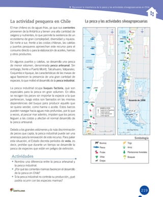 219
Reconocer la importancia de la pesca y las actividades silvoagropecuarias en Chile
219
La actividad pesquera en Chile
El mar chileno es de aguas frías, ya que sus corrientes
provienen de la Antártica y tienen una alta cantidad de
oxígeno y nutrientes, lo que permite la existencia de un
ecosistema de gran complejidad, diversidad y riqueza.
De norte a sur, frente a las costas chilenas, las caletas
y puertos pesqueros aprovechan este recurso para el
consumo directo o para la elaboración de aceites, harinas
y otros productos.
En algunos puertos y caletas, se desarrolla una pesca
de menor volumen, denominada pesca artesanal. Sin
embargo, frente a Puerto Montt, Talcahuano, Valparaíso,
Coquimbo e Iquique, las características de las masas de
agua favorecen la presencia de una gran cantidad de
especies, lo que motivó el desarrollo de la pesca industrial.
La pesca industrial ocupa buques factoría, que son
especiales para la pesca en gran volumen. En ellos
se recogen los peces sin importar la especie a la que
pertenecen, luego estos son faenados en las mismas
dependencias del buque para producir aquello que
se quiera vender, como harina o aceite. Estos barcos
pueden navegar hacia aguas más profundas, por lo que
a veces, al pescar mar adentro, impiden que los peces
lleguen a las costas y afectan el normal desarrollo de
la pesca artesanal.
Debido a los grandes volúmenes y la nula discriminación
de peces que capta, la pesca industrial puede ser una
amenaza para la renovación de este recurso. Para paliar
esta situación, el Estado decreta períodos de veda, es
decir, prohíbe que durante un tiempo se desarrolle la
pesca de especies que están en peligro de extinción.
• Nombra una diferencia entre la pesca artesanal y
la pesca industrial.
• ¿Por qué las corrientes marinas favorecen el desarrollo
de la pesca en Chile?
• Si la pesca industrial no controla su producción, ¿qué
podría ocurrir con las especies marinas?
Actividades
La pesca y las actividades silvoagropecuarias
Acuerdo de 1998
Simbología
U5.indd 219 27-06-12 14:53
 