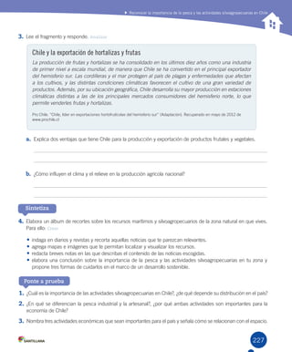 227
3.	Lee	el	fragmento	y	responde.	Analizar
a.	 Explica	dos	ventajas	que	tiene	Chile	para	la	producción	y	exportación	de	productos	frutales	y	vegetales.	
b.	 ¿Cómo	influyen	el	clima	y	el	relieve	en	la	producción	agrícola	nacional?
4.	Elabora	un	álbum	de	recortes	sobre	los	recursos	marítimos	y	silvoagropecuarios	de	la	zona	natural	en	que	vives.	
Para	ello:	Crear	
•	indaga	en	diarios	y	revistas	y	recorta	aquellas	noticias	que	te	parezcan	relevantes.
•	agrega	mapas	e	imágenes	que	te	permitan	localizar	y	visualizar	los	recursos.
•	redacta	breves	notas	en	las	que	describas	el	contenido	de	las	noticias	escogidas.
•	elabora	una	conclusión	sobre	la	importancia	de	la	pesca	y	las	actividades	silvoagropecuarias	en	tu	zona	y	
propone	tres	formas	de	cuidarlos	en	el	marco	de	un	desarrollo	sostenible.
Chile y la exportación de hortalizas y frutas
La producción de frutas y hortalizas se ha consolidado en los últimos diez años como una industria
de primer nivel a escala mundial, de manera que Chile se ha convertido en el principal exportador
del hemisferio sur. Las cordilleras y el mar protegen al país de plagas y enfermedades que afectan
a los cultivos, y las distintas condiciones climáticas favorecen el cultivo de una gran variedad de
productos. Además, por su ubicación geográfica, Chile desarrolla su mayor producción en estaciones
climáticas distintas a las de los principales mercados consumidores del hemisferio norte, lo que
permite venderles frutas y hortalizas.
Pro	Chile.	“Chile,	líder	en	exportaciones	hortofrutícolas	del	hemisferio	sur”	(Adaptación).	Recuperado	en	mayo	de	2012	de	
www.prochile.cl
Reconocer la importancia de la pesca y las actividades silvoagropecuarias en Chile
Sintetiza
Ponte a prueba
1.	¿Cuál	es	la	importancia	de	las	actividades	silvoagropecuarias	en	Chile?,	¿de	qué	depende	su	distribución	en	el	país?
2.	¿En	qué	se	diferencian	la	pesca	industrial	y	la	artesanal?,	¿por	qué	ambas	actividades	son	importantes	para	la	
economía	de	Chile?
3.	Nombra	tres	actividades	económicas	que	sean	importantes	para	el	país	y	señala	cómo	se	relacionan	con	el	espacio.
U5.indd 227 15-06-12 19:39
 