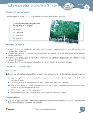 231
Estrategias	para	responder	el	Simce
Ejemplo de pregunta tipo
En	esta	pregunta	te	piden	relacionar	un	paisaje	con	una	actividad	económica	extractiva.	
Revisa tu respuesta
• La	opción	A	no	es	correcta,	porque	la	actividad	minera	se	asocia	a	paisajes	cercanos	a	la	cordillera	de	los	Andes
y	también	al	norte	de	Chile.
• La	opción	B	no	es	correcta,	porque	la	ganadería	se	asocia	a	un	paisaje	con	grupos	de	animales	ovinos,	bovinos	y
porcinos,	entre	otros.
• La	opción	C	es	correcta,	porque	la	silvicultura	corresponde	a	la	explotación	de	bosques	y,	por	lo	tanto,	se	asocia
a	paisajes	de	bosques.
• La	opción	D	no	es	correcta,	porque	la	agricultura	se	asocia	a	paisajes	de	tierras	con	siembras.
Desarrolla otras habilidades
Comunicación
1. Escoge	una	actividad	extractiva	y	elabora	un	afiche	informativo	acerca	de	ella.	Considera	los	siguientes	aspectos:
a. Elige	una	región	y	una	actividad	específica.	Por	ejemplo,	la	minería	del	cobre	en	el	yacimiento	El	Teniente,
región	de	O’Higgins.
b. Selecciona	información	proveniente	de	distintas	fuentes,	como	libros,	atlas	o	Internet.
c. Crea	un	título	llamativo	y	pequeños	cuadros	de	texto	que	en	pocas	palabras	te	permitan	expresar	lo	más
importante	de	la	información	recolectada.
d. Establece	qué	imágenes	utilizarás	y	pégalas.
e. Presenta	tu	trabajo	al	curso,	con	una	breve	exposición	sobre	el	tema	que	elegiste.
Pensamiento crítico
2. ¿Por	qué	es	importante	que	la	sociedad	se	comprometa	con	el	desarrollo	sustentable?	Escribe	dos	argumentos	en
tu	cuaderno,	señalando	las	fuentes	que	utilizaste.
Unidad 5
¿Qué actividad productiva predomina
en el paisaje de la imagen?
A.	Minería.
B.	 Ganadería.
C.	Silvicultura.
D.	Agricultura.
MR
MR
Simce	es	marca	registrada	del	Ministerio	de	Educación.
U5.indd 231 15-06-12 19:39
 