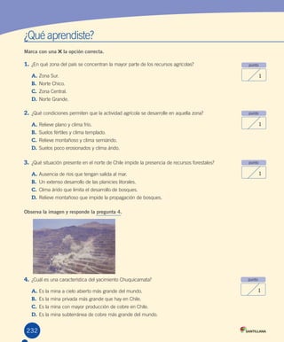 ¿Qué	aprendiste?
Marca con una la opción correcta.
1.	¿En	qué	zona	del	país	se	concentran	la	mayor	parte	de	los	recursos	agrícolas?	
A.	Zona	Sur.
B.	 Norte	Chico.
C.	Zona	Central.
D.	Norte	Grande.
2.	¿Qué	condiciones	permiten	que	la	actividad	agrícola	se	desarrolle	en	aquella	zona?	
A.	Relieve	plano	y	clima	frío.
B.	 Suelos	fértiles	y	clima	templado.
C.	Relieve	montañoso	y	clima	semiárido.
D.	Suelos	poco	erosionados	y	clima	árido.
3.	¿Qué	situación	presente	en	el	norte	de	Chile	impide	la	presencia	de	recursos	forestales?
A.	Ausencia	de	ríos	que	tengan	salida	al	mar.
B.	 Un	extenso	desarrollo	de	las	planicies	litorales.
C.	Clima	árido	que	limita	el	desarrollo	de	bosques.
D.	Relieve	montañoso	que	impide	la	propagación	de	bosques.
Observa la imagen y responde la pregunta 4.
4.	¿Cuál	es	una	característica	del	yacimiento	Chuquicamata?	
A.	Es	la	mina	a	cielo	abierto	más	grande	del	mundo.
B.	 Es	la	mina	privada	más	grande	que	hay	en	Chile.
C.	Es	la	mina	con	mayor	producción	de	cobre	en	Chile.
D.	Es	la	mina	subterránea	de	cobre	más	grande	del	mundo.	
punto
1
punto
1
punto
1
punto
1
232
U5.indd 232 15-06-12 19:39
 