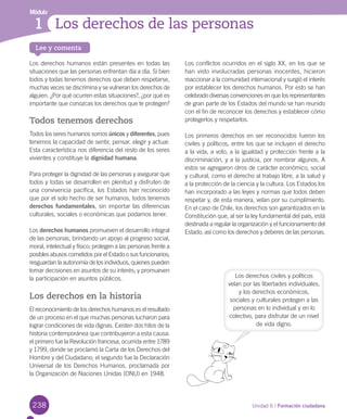 238
Módulo
1
Unidad 6 / Formación ciudadana
Lee y comenta
Módulo
Los derechos de las personas1
Los	derechos	humanos	están	presentes	en	todas	las	
situaciones	que	las	personas	enfrentan	día	a	día.	Si	bien	
todos	y	todas	tenemos	derechos	que	deben	respetarse,	
muchas	veces	se	discrimina	y	se	vulneran	los	derechos	de	
alguien.	¿Por	qué	ocurren	estas	situaciones?,	¿por	qué	es	
importante	que	conozcas	los	derechos	que	te	protegen?
Todos tenemos derechos
Todos	los	seres	humanos	somos	únicos	y	diferentes,	pues	
tenemos	la	capacidad	de	sentir,	pensar,	elegir	y	actuar.	
Esta	característica	nos	diferencia	del	resto	de	los	seres	
vivientes	y	constituye	la	dignidad humana.	
Para	proteger	la	dignidad	de	las	personas	y	asegurar	que	
todos	y	todas	se	desarrollen	en	plenitud	y	disfruten	de	
una	convivencia	pacífica,	los	Estados	han	reconocido	
que	por	el	solo	hecho	de	ser	humanos,	todos	tenemos	
derechos fundamentales,	sin	importar	las	diferencias	
culturales,	sociales	o	económicas	que	podamos	tener.	
Los	derechos humanos	promueven	el	desarrollo	integral	
de	las	personas,	brindando	un	apoyo	al	progreso	social,	
moral,	intelectual	y	físico;	protegen	a	las	personas	frente	a	
posibles	abusos	cometidos	por	el	Estado	o	sus	funcionarios;	
resguardan	la	autonomía	de	los	individuos,	quienes	pueden	
tomar	decisiones	en	asuntos	de	su	interés;	y	promueven	
la	participación	en	asuntos	públicos.	
Los derechos en la historia
El	reconocimiento	de	los	derechos	humanos	es	el	resultado	
de	un	proceso	en	el	que	muchas	personas	lucharon	para	
lograr	condiciones	de	vida	dignas.	Existen	dos	hitos	de	la	
historia	contemporánea	que	contribuyeron	a	esta	causa:	
el	primero	fue	la	Revolución	francesa,	ocurrida	entre	1789	
y	1799,	donde	se	proclamó	la	Carta	de	los	Derechos	del	
Hombre	y	del	Ciudadano;	el	segundo	fue	la	Declaración	
Universal	de	los	Derechos	Humanos,	proclamada	por	
la	Organización	de	Naciones	Unidas	(ONU)	en	1948.	
Los	conflictos	ocurridos	en	el	siglo	XX,	en	los	que	se	
han	visto	involucradas	personas	inocentes,	hicieron	
reaccionar	a	la	comunidad	internacional	y	surgió	el	interés	
por	establecer	los	derechos	humanos.	Por	esto	se	han	
celebrado	diversas	convenciones	en	que	los	representantes	
de	gran	parte	de	los	Estados	del	mundo	se	han	reunido	
con	el	fin	de	reconocer	los	derechos	y	establecer	cómo	
protegerlos	y	respetarlos.	
Los	primeros	derechos	en	ser	reconocidos	fueron	los	
civiles	y	políticos,	entre	los	que	se	incluyen	el	derecho	
a	la	vida,	a	voto,	a	la	igualdad	y	protección	frente	a	la	
discriminación,	y	a	la	justicia,	por	nombrar	algunos.	A	
estos	se	agregaron	otros	de	carácter	económico,	social	
y	cultural,	como	el	derecho	al	trabajo	libre,	a	la	salud	y	
a	la	protección	de	la	ciencia	y	la	cultura.	Los	Estados	los	
han	incorporado	a	las	leyes	y	normas	que	todos	deben	
respetar	y,	de	esta	manera,	velan	por	su	cumplimiento.	
En	el	caso	de	Chile,	los	derechos	son	garantizados	en	la	
Constitución	que,	al	ser	la	ley	fundamental	del	país,	está	
destinada	a	regular	la	organización	y	el	funcionamiento	del	
Estado,	así	como	los	derechos	y	deberes	de	las	personas.	
Los	derechos	civiles	y	políticos	
velan	por	las	libertades	individuales,	
y	los	derechos	económicos,	
sociales	y	culturales	protegen	a	las	
personas	en	lo	individual	y	en	lo	
colectivo,	para	disfrutar	de	un	nivel	
de	vida	digno.
U6.indd 238 15-06-12 19:44
 