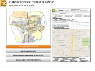 ENTREVISTAS COM CICLISTAS
QUESTIONÁRIO ONLINE
QUESTIONÁRIO DE PREFERÊNCIA DECLARADA
SEMINÁRIOS, OFICINAS E AUDIÊNCIA
PLANO DIRETOR CICLOVIÁRIO DE CANOAS
Instrumentos de participação
 