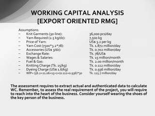 Assumptions:
– Knit Garments (30-line): 36,000 pcs/day
– Yarn Required (2.5 kg/dz): 7,500 kg
– Price of Yarn: US$ 3.2 per kg
– Yarn Cost (7500*3.2*78): Tk. 1.872 million/day
– Accessories (US$ 3/dz): Tk. 0.702 million/day
– Exchange Rate: Tk. 78/US$
– Wages & Salaries: Tk. 15 million/month
– Fuel & Gas: Tk. 2.00 million/month
– Knitting Charge (Tk. 15/kg) Tk. 0.112 million/day
– Dyeing Charge (US$ 1.6/kg) Tk. 0.936 million/day
– WIP= (56.2+21.06+15+2+(0.112+0.936)*30 Tk. 125.7 million/day
WORKING CAPITAL ANALYSIS
[EXPORT ORIENTED RMG]
The assessment requires to extract actual and authenticated data to calculate
WC. Remember, to assess the real requirement of the project, you will require
to reach into the heart of the business. Consider yourself wearing the shoes of
the key person of the business.
 