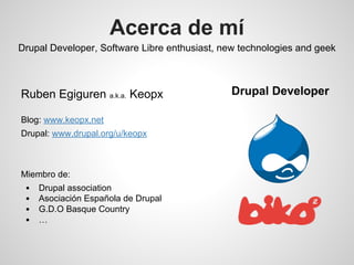 Acerca de mí
Drupal Developer, Software Libre enthusiast, new technologies and geek
Ruben Egiguren a.k.a. Keopx
Blog: www....