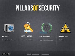 Pillarsofsecurity
Your Security
Frontline Disaster Prevention
backups
Basic Website Maintenance
Staying current
Common Sense Policies
Access control
WordPress
Preparation
sucuri.net
 