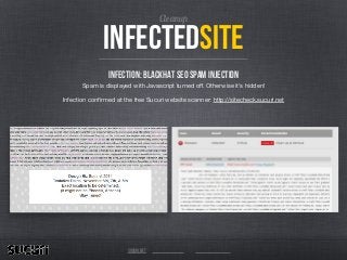 Infectedsite
infection: blackhat seo spam injection
Spam is displayed with Javascript turned oﬀ. Otherwise it’s hidden!

Infection conﬁrmed at the free Sucuri website scanner: http://sitecheck.sucuri.net

Cleanup
sucuri.net
 