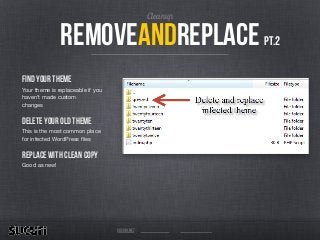 Cleanup
removeandreplace pt.2
find your theme
Your theme is replaceable if you 
haven’t made custom 
changes

delete your old theme
This is the most common place 
for infected WordPress ﬁles

replace with clean copy
Good as new!
sucuri.net
 