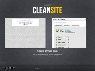 Cleanup
cleansite
cleanup accomplished:
Your WordPress site is now spam free!

!
sucuri.net
 