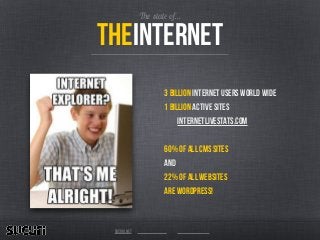 The state of…
theInternet
sucuri.net
3 Billion Internet Users world wide
1 billion active sites
internetlivestats.com
!
60% of all CMS sites
and
22% of all websites
are wordpress!
 