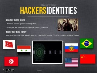 Who Are They?
Hackersidentities
sucuri.net
Who are these Guys?
- It can be anyone good with computers. 

- Intelligent and Mischievous; Enterprising and Eﬀective. 

Where are they from?
Most attacks come from Turkey, Syria, Tunisia, Brazil, Russia, China, and even the United States.

!
 