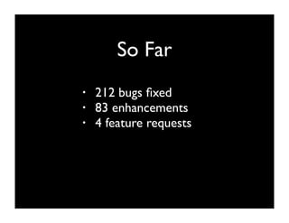 So Far
•   212 bugs ﬁxed
•   83 enhancements
•   4 feature requests
 