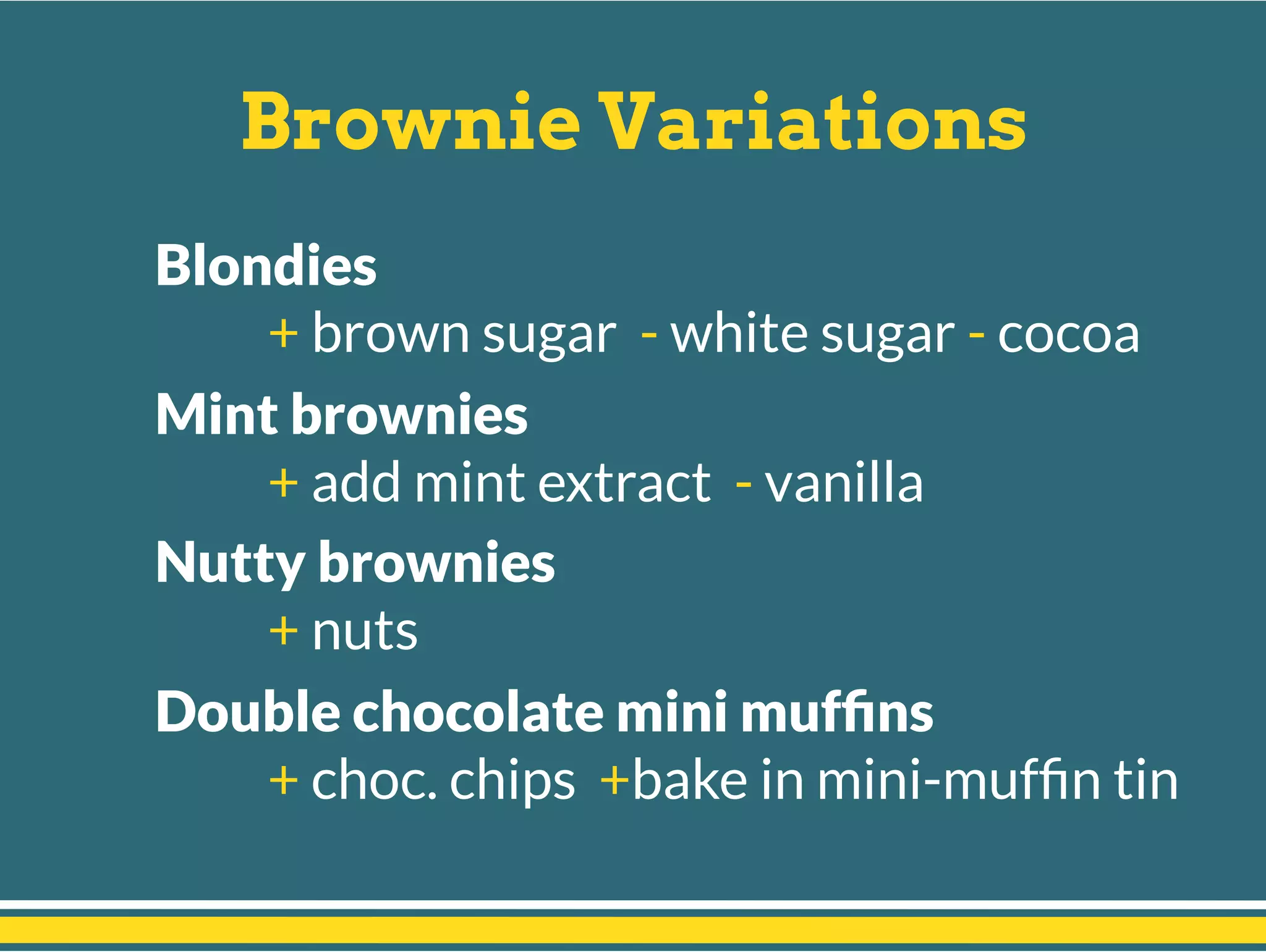 Brownie Variations
Blondies
+ brown sugar - white sugar - cocoa
Mint brownies
+ add mint extract - vanilla
Nutty brownies
+ nuts
Double chocolate mini mufﬁns
+ choc. chips +bake in mini-mufﬁn tin
 