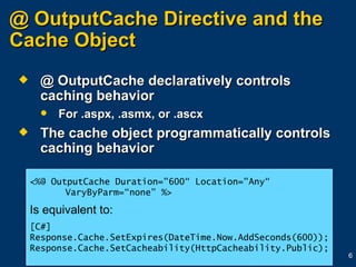 @ OutputCache Directive and the  Cache Object @ OutputCache declaratively controls caching behavior For .aspx, .asmx, or .ascx  The cache object programmatically controls caching behavior <%@ OutputCache Duration="600“ Location="Any“ VaryByParm=“none” %> Is equivalent to: [C#] Response.Cache.SetExpires(DateTime.Now.AddSeconds(600)); Response.Cache.SetCacheability(HttpCacheability.Public); 