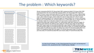 The problem : Which keywords?
de Vries R and P Whaley. In Vitro Critical Appraisal Tool (IV-CAT): tool development
protocol (1.0.0). Zenodo 2018, DOI: 10.5281/zenodo.1493498.
 