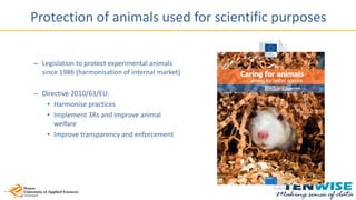 Protection of animals used for scientific purposes
– Legislation to protect experimental animals
since 1986 (harmonisation of internal market)
– Directive 2010/63/EU:
• Harmonise practices
• Implement 3Rs and improve animal
welfare
• Improve transparency and enforcement
 