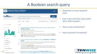 A Boolean search query
• Dependent on exact keywords
used.
• Even a very restrictive query yields
10s to 100s of papers.
• How to rank and prioritize?
• How to identify 3-R methods?
 