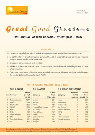 13th Annual Wealth Creation Study
2003-2008
By Raamdeo Agrawal
December 19, 2008
 