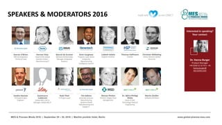 www.global-pharma-mes.comMES & Process Minds 2016 | September 29 – 30, 2016 | Maritim proArte Hotel, Berlin
SPEAKERS & MODERATORS 2016
Dr. Hanna Burger
Product Manager
+49 (0)30 52 10 70 3 – 46
hanna.burger@
we-conect.com
Interested in speaking?
Your contact:
 