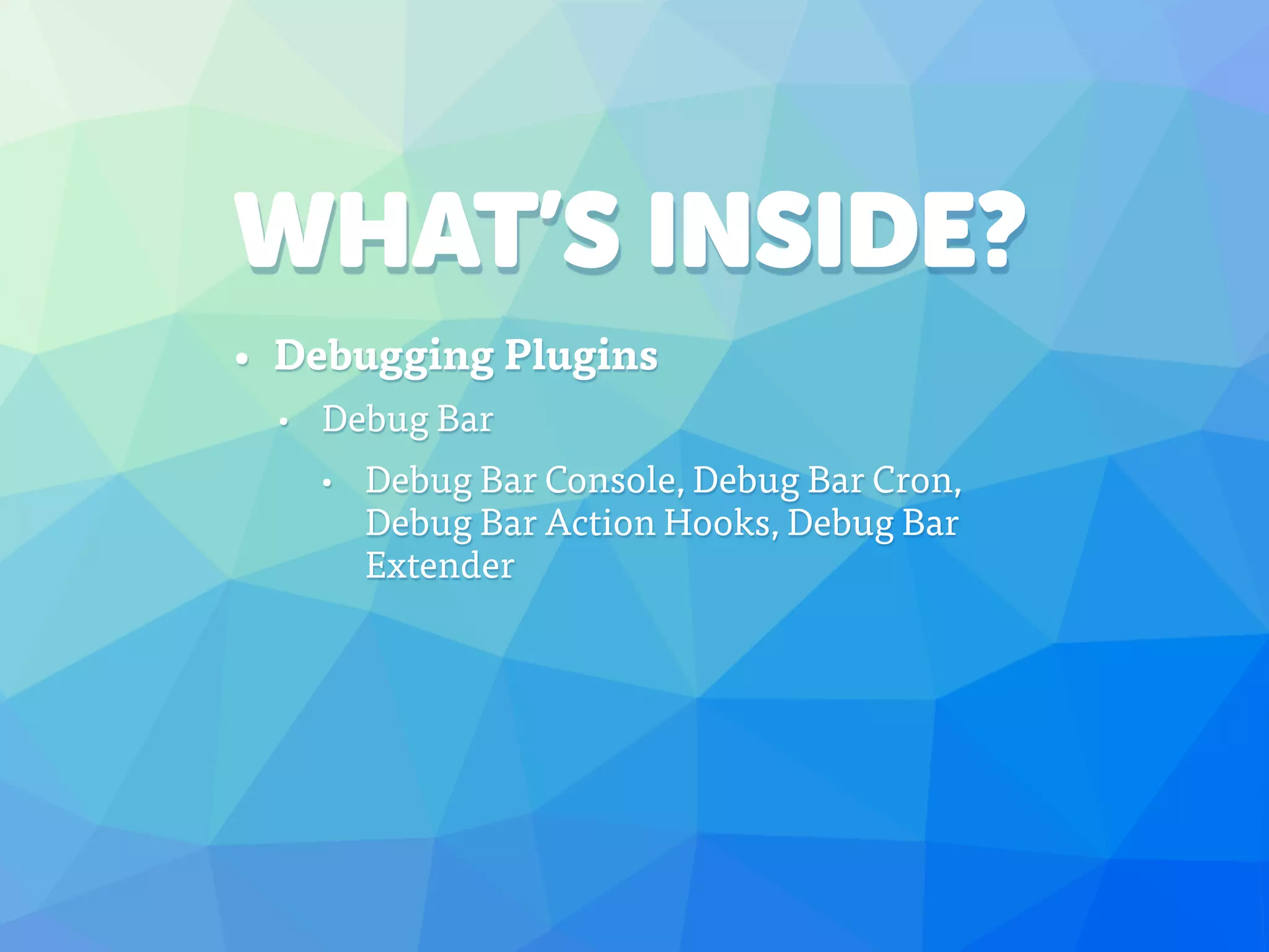WHAT’S INSIDE?
• Debugging Plugins
• Debug Bar
• Debug Bar Console, Debug Bar Cron,
Debug Bar Action Hooks, Debug Bar
Extender
 